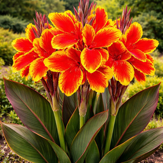 Lucifer Canna Lily Bulbs for Planting – Bright Red Flowers with Golden Yellow Edges – Tropical Summer Blooming Plants – Premium Canna Rhizomes (3 Bulbs)