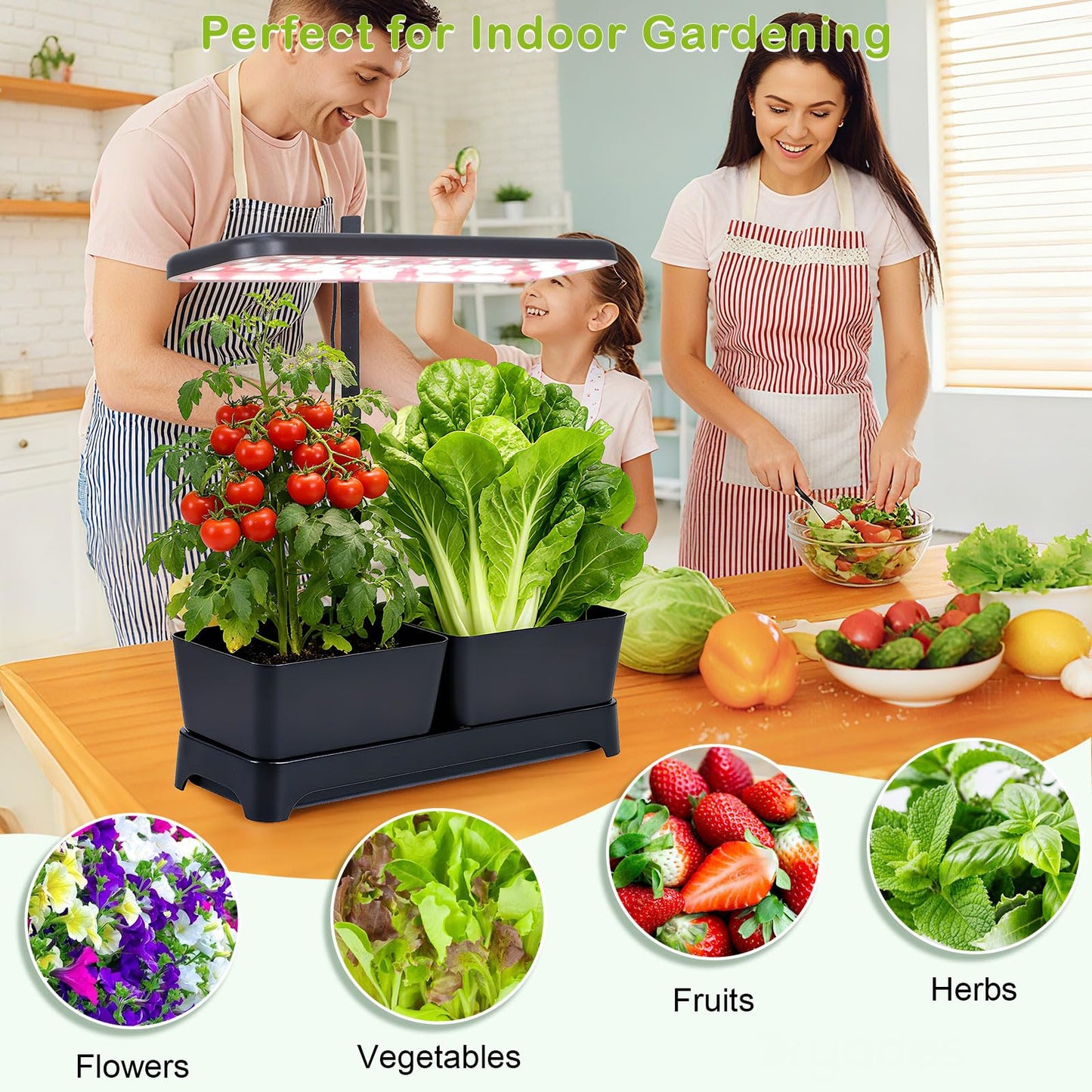 Indoor Garden Led Grow Light Planter Pots, Herb Kitchen Garden Grow Kit, Full Spectrum LED Plant Light for Plants, Height Adjustable Growing Lamp with Intelligent Controller (Black, 16*6.3*7.1 inch)