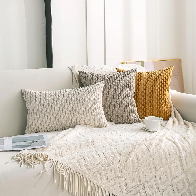 Set of 4 Navy White Taupe Decorative Throw Pillow Covers 22x22 Inch Corduroy Pillow Covers for Bed Couch Sofa Living Room Soft Square Cushion Cases