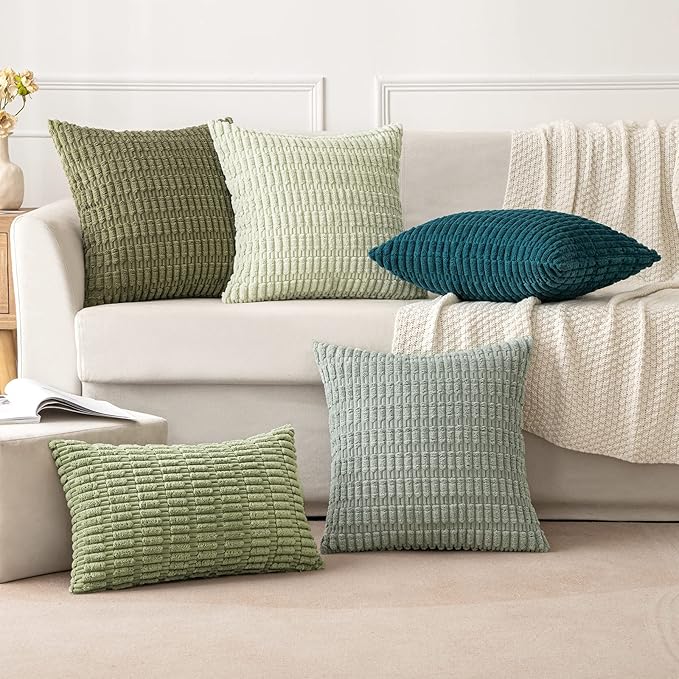 MIULEE Pack of 2 Spring Corduroy Decorative Euro Sham Throw Pillow Covers 22x22 Inch Soft Boho Striped Pillow Covers Modern Farmhouse Home Decor for Summer Sofa Living Room Couch Bed Greyish Green