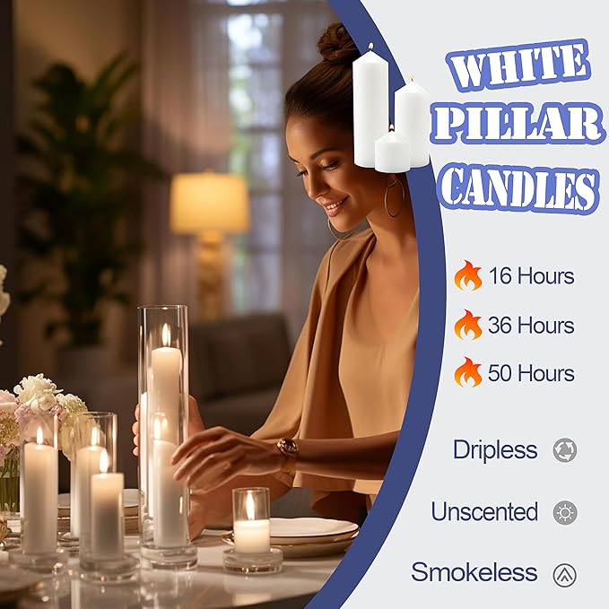 36 Pcs White Pillar Candles Bulk Set，Hurricane Candlesï¼? Different Lengths (12 Each)，Dripless Unscented Smokeless，Gives You a Better Atmosphere When Organizing an Event Party.