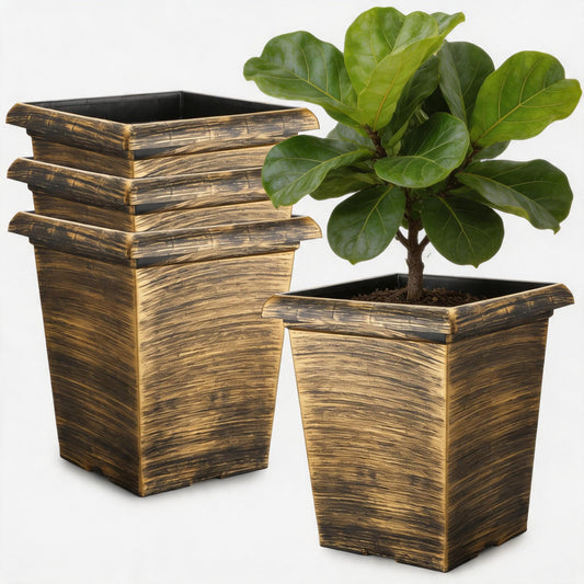 Tall Outdoor Square Planter - 4 Pack 10 Inch Vintage Gold Faux Metal Plant Pot with Drainage Holes & Raised Feet, 13" H Deep Root Plastic Flower Pots for Indoor Outdoor Plants, Trees, Roses