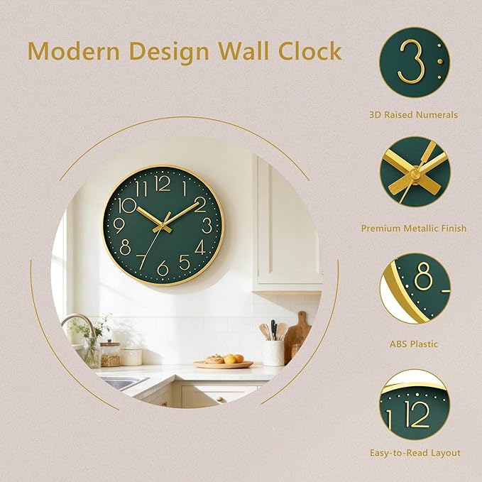 DAXSMY Wall Clock - 8 Inch Silent Non-Ticking Modern 3D Wall Clocks Battery Operated - Decorative Clock for Kitchen, Home Office, Bathroom, Bedroom(Dark Green