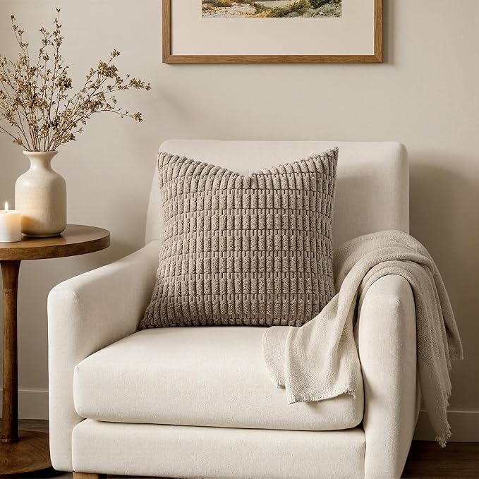 MIULEE Pack of 2 Corduroy Decorative Euro Sham Throw Pillow Covers 22x22 Inch Soft Boho Striped Pillow Covers Modern Farmhouse Home Decor for Sofa Living Room Couch Bed Light Brown