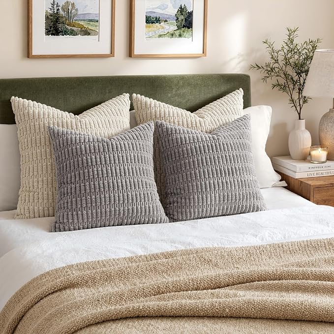 MIULEE Pack of 2 Corduroy Decorative Throw Pillow Covers 20x20 Inch Soft Boho Striped Pillow Covers Modern Farmhouse Home Decor for Sofa Living Room Couch Bed Light Grey