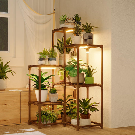 Bamworld Plant Stand with Grow Light for Indoor Plants Growing Corner Plant Shelf with Grow Lights for Living Room Patio Decor