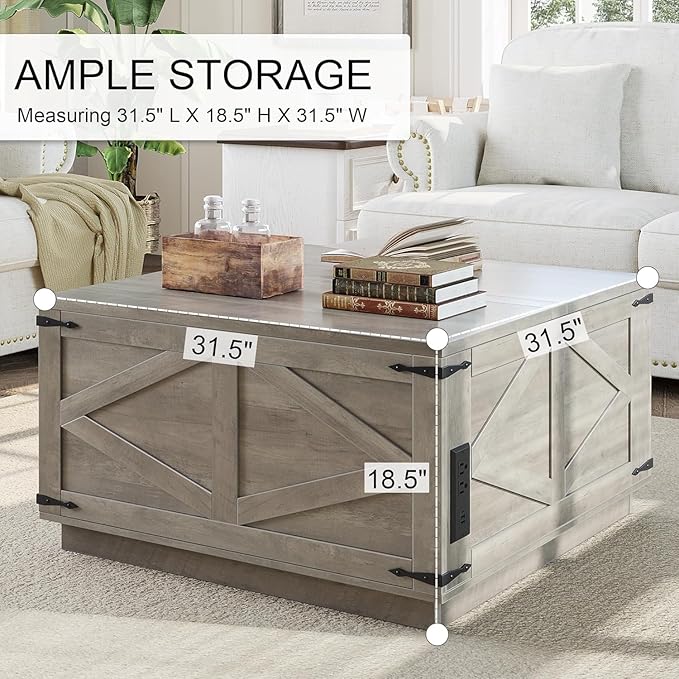 Jocoevol Farmhouse Lift Top Coffee Table, Square Wood Center Table with LED Lighting, USB-C Charging Station, and Hidden Storage Compartment - Rustic Grey Living Room Furniture