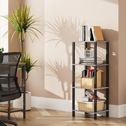 TUTOTAK Bookshelf, 4-Tier Tall Book Shelf, Narrow Bookcase for Small Space, DIY Stackable Bookshelf, for Living Room, Office, Study, Entryway, Industrial, Greige and Black BS01BG004