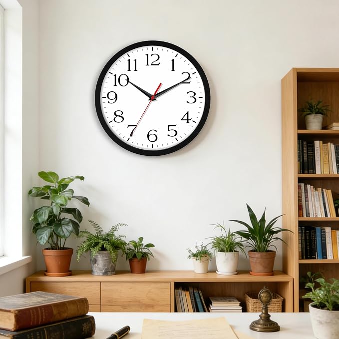 DAXSMY 10 Inch Wall Clock - Battery Operated, Silent Non-Ticking Analog Sweep Movement - Easy to Read Numbers for Home, Office, Kitchen, Classroom (Black)
