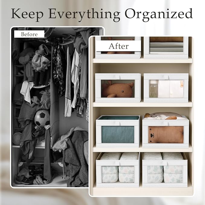 Criusia 4 Pack Closet Organizers and Storage, Large Linen Closet Baskets for Organization, Foldable Storage Containers for Towels, Clothing, Jeans, Books, Shelves, White