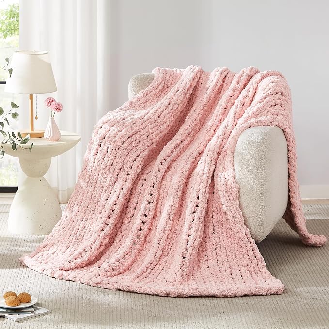L'AGRATY Chunky Knit Chenille Blanket Throw - 50x60, Pink: Soft, Breathable, Machine Washable, Perfect for Bed, Couch, or Gift