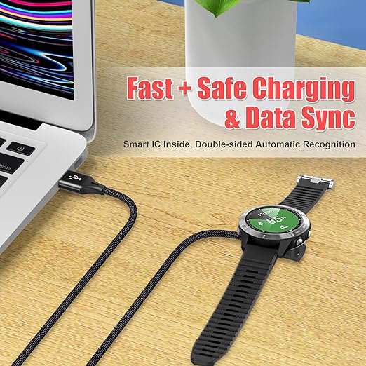 AGVEE 2 Pack 1.5ft Short Charger for Garmin Watch, L-Shape Charging Cable for Fenix, Forerunner, Vivoactive, Instinct, Venu, Tactix, Approach, D2, Quatix Series, Right Angle Braided, Black