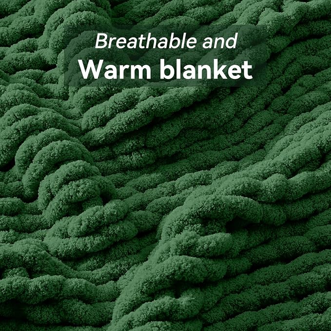 Negwoo Chunky Knit Throw Blanket, 50''*60'' Knitted Throw Chenille Yarn for Bed Couch, Handmade Grass Green Crochet Big Thick Blanket, Machine Washable Cute Comfy Blanket for Home Decor