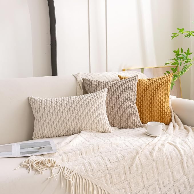 Set of 4 Beige Brown Coffee Decorative Throw Pillow Covers 26x26 Inch Corduroy Pillow Covers for Bed Couch Sofa Living Room Soft Square Cushion Cases