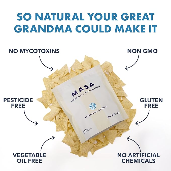 MASA Tortilla Chips Snack Pack - Seed Oil Free Snacks, Organic Chips Tortilla - Gluten & Dairy Free, Naturally Grown Corn Chip - Made with Grass Fed Tallow & Sea Salt (2 Pack, 5oz Each - White Corn)