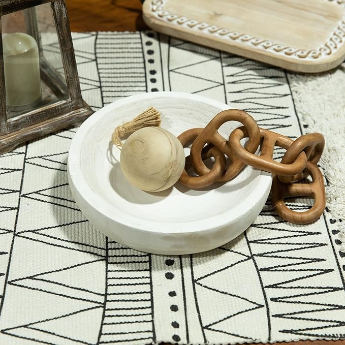 COLLECTIVE HOME - Paulownia Wood Hand Carved Tray, Fruit Snack Holder, Decorative Bowl, Rustic Home Decor Accessories for Coffee Table, Living Room, Wedding Centerpiece, 10" (washed white)
