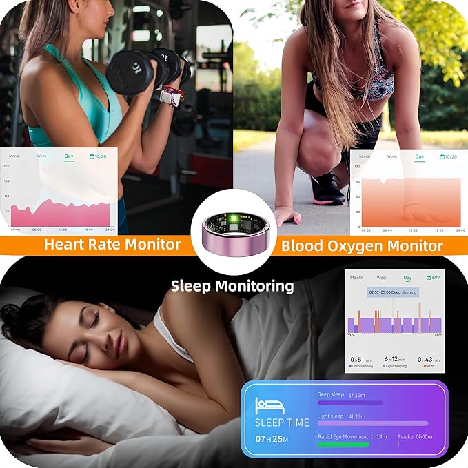 Smart Ring For Women Men, Health Tracker with Heart Rate/Blood Oxygen/Blood Pressure/Sleep Monitoring/Step Counting, IP68 Waterproof Fitness ring, No App Fees for iPhone & Android (Rose Gold, 13#)