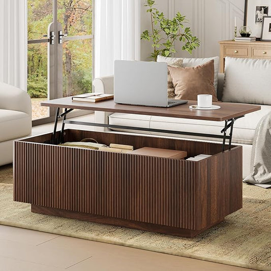 FABATO Mid Century Modern Coffee Table, Wooden Fluted Center Table with Large Hidden Compartment, 41.7” Rectangle with Round Corners, Lift Up Farmhouse Wood Table for Living Room, Home Office, Walnut