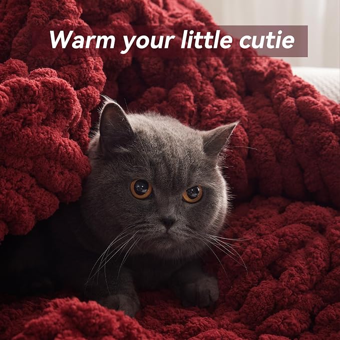 Negwoo Chunky Knit Throw Blanket, 60''*80'' Knitted Throw Chenille Yarn for Bed Couch, Handmade Red Crochet Big Thick Blanket, Machine Washable Cute Comfy Blanket for Home Decor