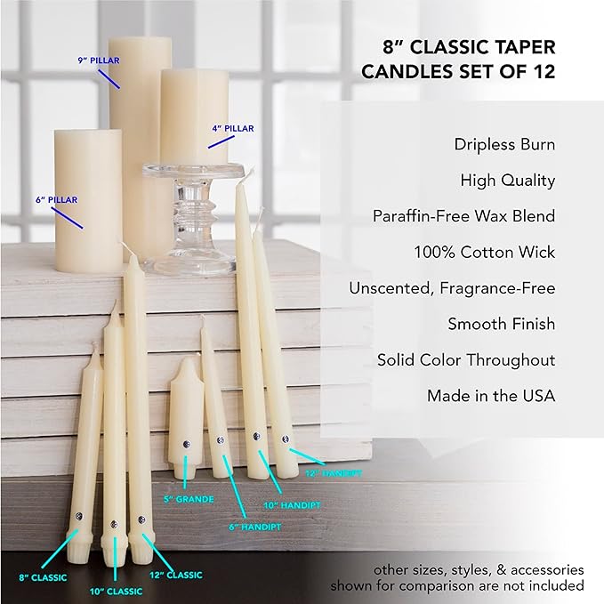 Colonial Candle Unscented Taper Candle, Classic Collection, Colonial Classic Green, 8 in, Pack of 12 - Up to 6 Hours Burn