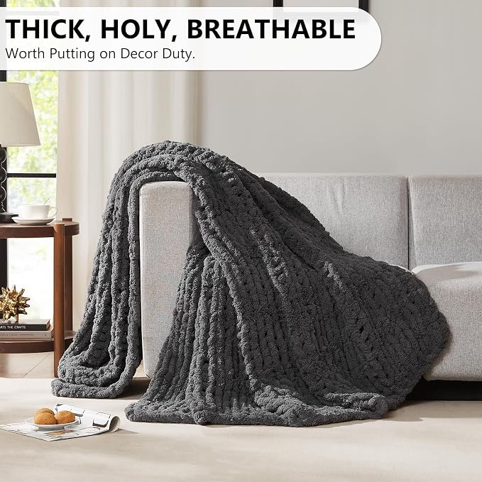 L'AGRATY Chunky Knit Blanket Throw - Soft Chunky Throw Blanket 50x60: 100% Hand Kintted Chenile Crochet Throw Blankets for Couch - Large Cable Knit Blankets for Home Decor(Dark Grey)