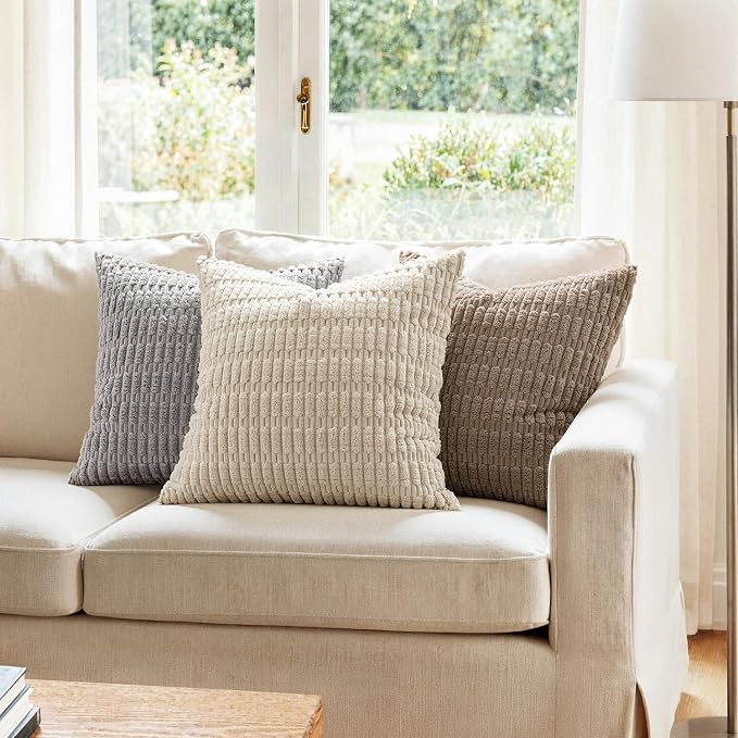 MIULEE Pack of 2 Corduroy Decorative Throw Pillow Covers 18x18 Inch Soft Boho Striped Pillow Covers Modern Farmhouse Home Decor for Sofa Living Room Couch Bed Light Grey