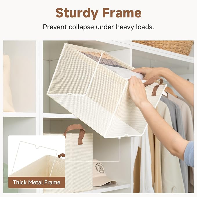 StorageWorks Storage Bins, Shelves Baskets for Organizing, Large Fabric Closet Organizers with Handles, Metal Frame, Beige-Texture, 2-Pack