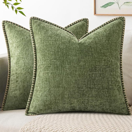MIULEE Pack of 2 Couch Throw Pillow Covers 16x16 Inch Sage Green Farmhouse Decorative Pillow Covers with Stitched Edge Soft Chenille Solid Dyed Summer Pillow Covers for Sofa Bed Living Room