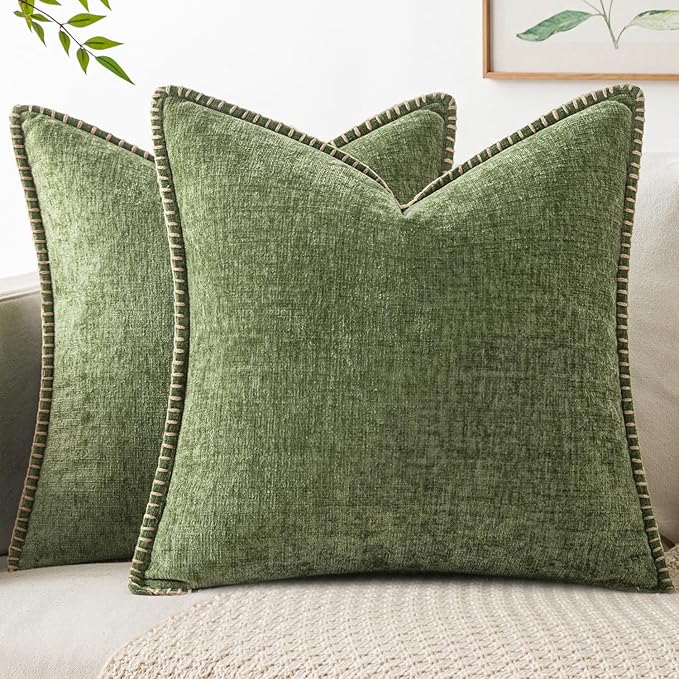 MIULEE Pack of 2 Couch Throw Pillow Covers 22x22 Inch Sage Green Farmhouse Decorative Pillow Covers with Stitched Edge Soft Chenille Solid Dyed Summer Pillow Covers for Sofa Bed Living Room