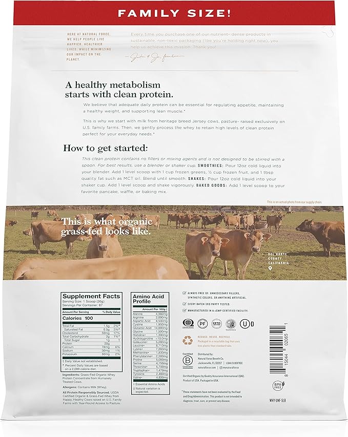 Natural Force Grass Fed Organic Whey Protein Powder ??Non GMO Verified, Humane Certified & Lab Tested for Toxins ??Pure & Unflavored ??Keto Friendly, Low Carb, and Kosher ??5 Pound A2 Protein