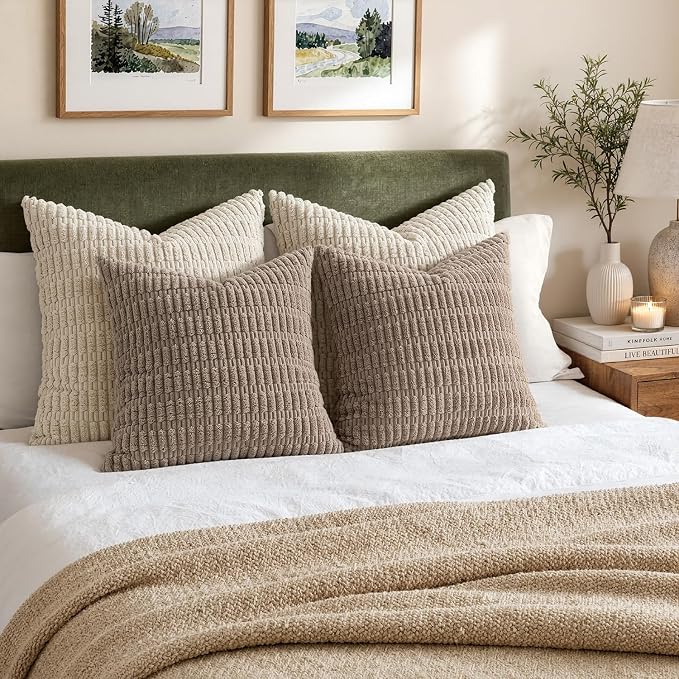 MIULEE Pack of 2 Corduroy Decorative Throw Pillow Covers 12x12 Inch Soft Boho Striped Pillow Covers Modern Farmhouse Home Decor for Sofa Living Room Couch Bed Light Brown