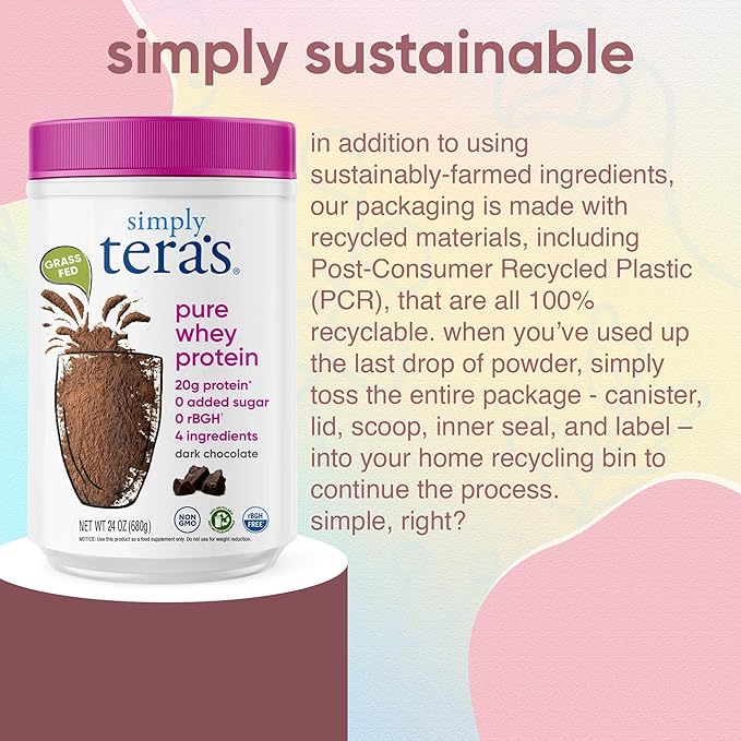 simply tera's Pure Whey Protein Powder - Dark Chocolate Clean Protein Powder, Grass Fed Whey Protein Powder Without Artificial Sweeteners, Clean Label, Non-GMO, Kosher, rBGH-Free - 24 Oz