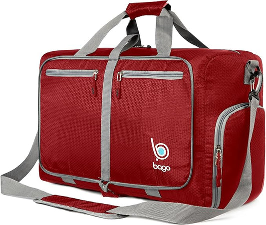 Bago Foldable Duffel Bags for Traveling Women & Men - 40L Sports Packable Duffle Bag for Travel with Shoe Compartment - Water Repellant, Heavy Duty, Lightweight Folding & Collapsible (Red)