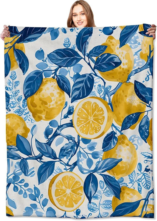 Lemon Blanket Fresh Citrus Fruit Throw Blankets with Blue Leaves,Birthday Gifts for Girls Boys Women & Food Lovers,Lightweight Soft Fleece,for Sofa Couch Bed Room Summer Decor 50x60in