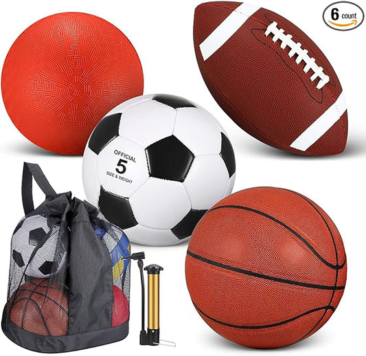 Lenwen 4 Pcs Sports Balls Set, Include Official Size Basketball Soccer Football Playground Ball Pump Equipment Bag for Teen Adult Gift Operation Christmas Ball Gifts