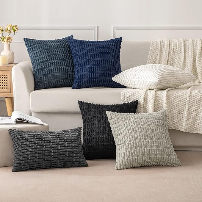 MIULEE Pack of 2 Corduroy Decorative Throw Pillow Covers 16x16 Inch Soft Boho Striped Pillow Covers Modern Farmhouse Home Decor for Summer Coastal Sofa Living Room Couch Bed Dark Blue