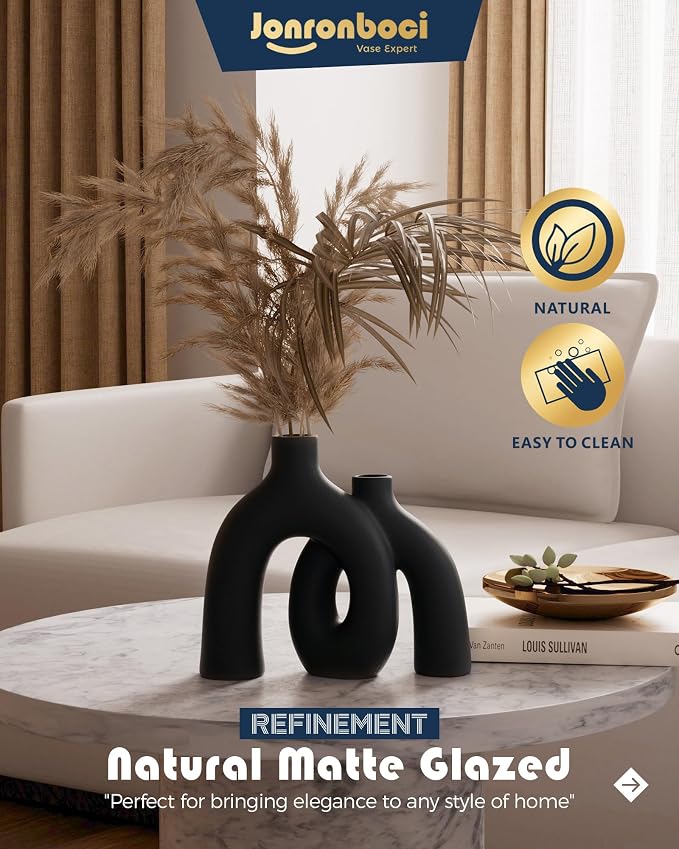 Matte Black Vase Set - Hug Hollow Donut Aesthetic Ceramic Vases Home Decor, Modern Nordic Minimalist Decorative Vase for Table Centerpiece Bookshelf Office Entryway Console Fireplace (Black)