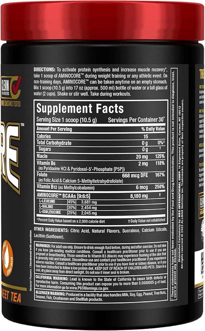 ALLMAX Nutrition AMINOCORE BCAA Powder, 8.18 Grams of Amino Acids, Intra and Post Workout Recovery Drink, Gluten Free, Sweet Tea, 315 g