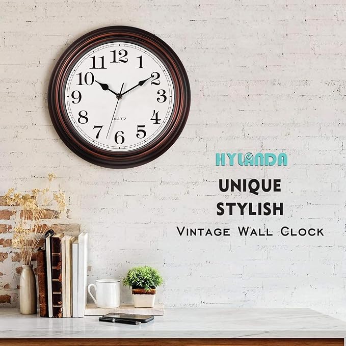 Wall Clock, 12 Inch Vintage Retro Silent Quality Wall Clocks Battery Operated Non-Ticking, Round Decorative Kitchen Home Office Bedroom Living Room(Bronze)
