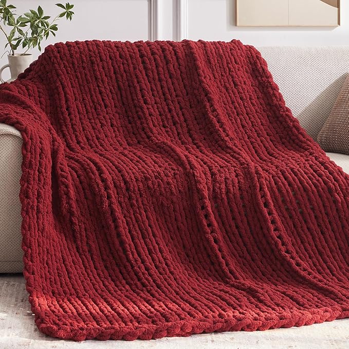 Negwoo Chunky Knit Throw Blanket, 60''*80'' Knitted Throw Chenille Yarn for Bed Couch, Handmade Red Crochet Big Thick Blanket, Machine Washable Cute Comfy Blanket for Home Decor