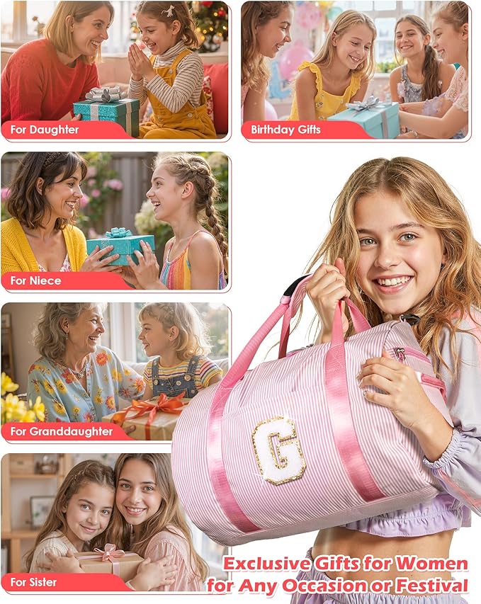 Birthday Gifts, Girl Gym Bag, Kids Initial Overnight Duffel Bags with Shoe Compartment, Personalized Travel Bag with Makeup Pouch, Gift for 3 4 5 6 7 8 9 10 11 12 Years Old Girls (Letter S)