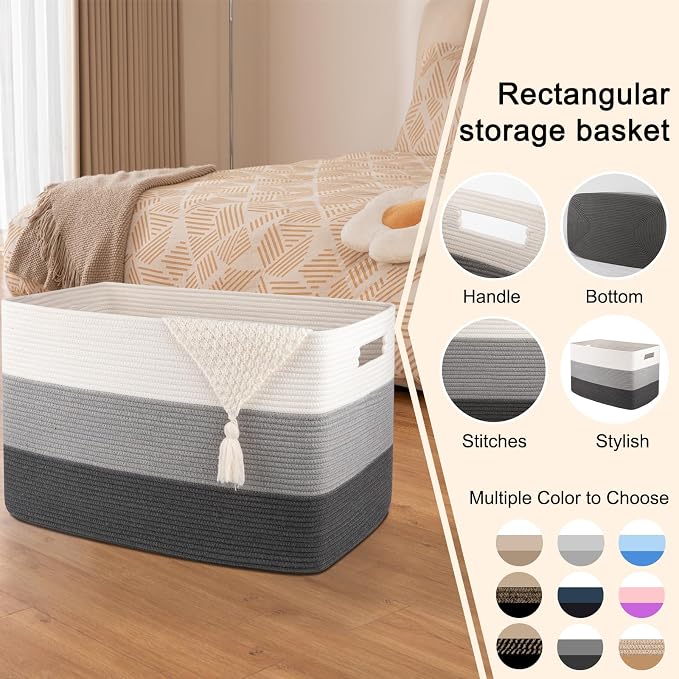 OIAHOMY 108L Super Large Blanket Basket, 25”x16”x16” Rectangle Woven Baskets for Storage, Cotton Rope Basket For Living Room, Toy Storage with Handle- Gradient Dark Grey