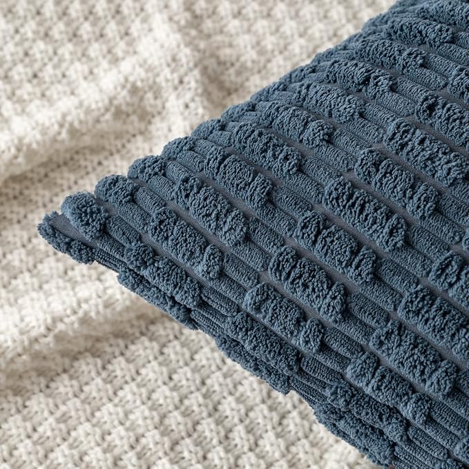 MIULEE Pack of 2 Corduroy Decorative Throw Pillow Covers 20x20 Inch Soft Boho Striped Pillow Covers Modern Farmhouse Home Decor for Summer Coastal Sofa Living Room Couch Bed Blue
