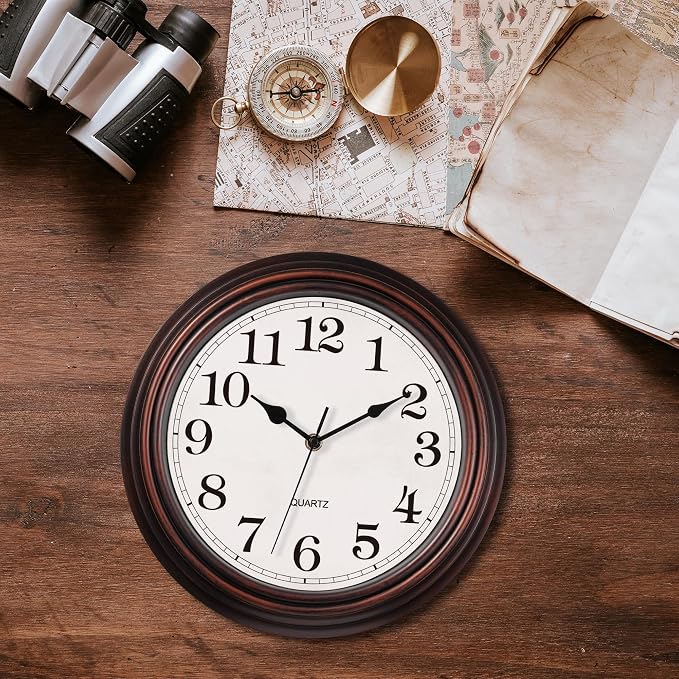 Wall Clock, 12 Inch Vintage Retro Silent Quality Wall Clocks Battery Operated Non-Ticking, Round Decorative Kitchen Home Office Bedroom Living Room(Bronze)