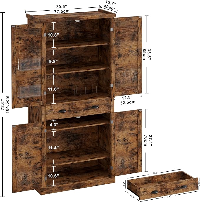 IRONCK Kitchen Pantry Storage Cabinet 72.6" H, with Barn Doors, Drawer, 4 Adjustable Shelves, Freestanding Cupboard for Dining Room Living Room, Laundry, Vintage Brown