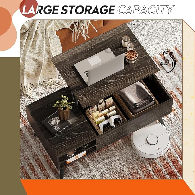 WLIVE Wood Lift Top Coffee Table with Hidden Compartment and Adjustable Storage Shelf, Lift Tabletop Dining Table for Home Living Room, Office, Charcoal Black
