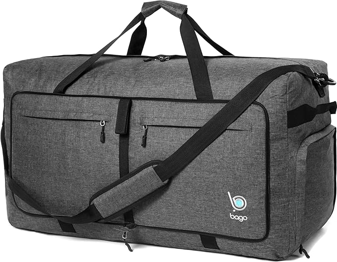 Bago Large Foldable Duffel Bags for Traveling Women & Men - 100L Packable Duffle Bag for Travel with Shoe Compartment - Water Repellant, Heavy Duty, Lightweight Folding & Collapsible (SnowBlack)