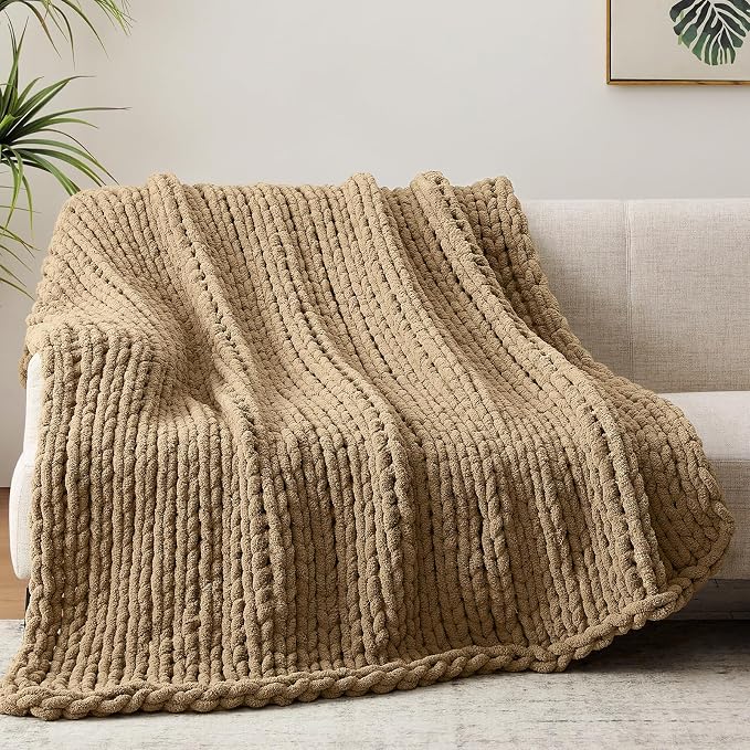 Negwoo Chunky Knit Throw Blanket, 60''*80'' Knitted Throw Chenille Yarn for Bed Couch, Handmade Light Brown Crochet Big Thick Blanket, Machine Washable Cute Comfy Blanket for Home Decor