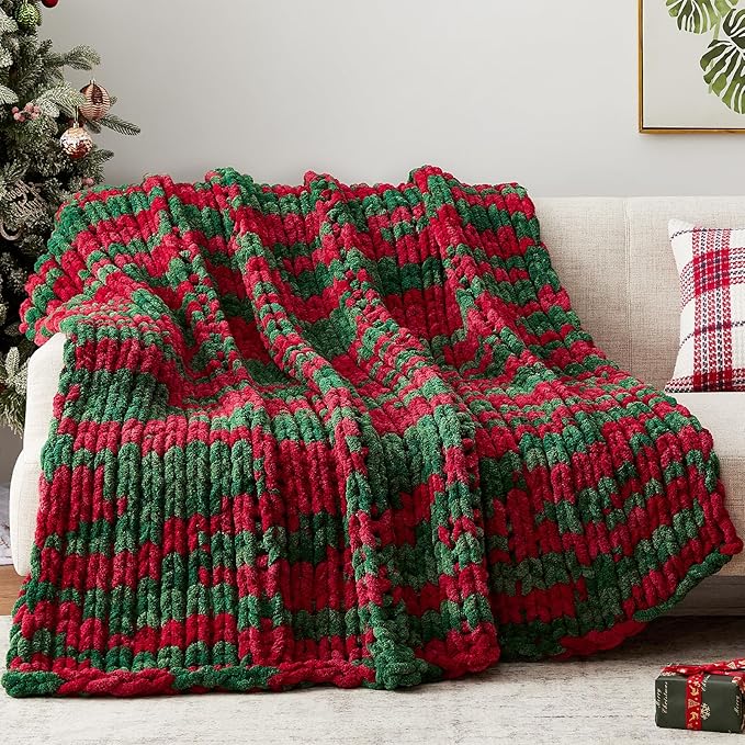 Negwoo Chunky Knit Throw Blanket, 60''*80'' Knitted Throw Chenille Yarn for Bed Couch, Handmade Stripe Crochet Big Thick Blanket, Machine Washable Cute Comfy Blanket for Home Decor