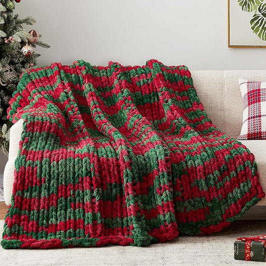 Negwoo Chunky Knit Throw Blanket, 60''*80'' Knitted Throw Chenille Yarn for Bed Couch, Handmade Stripe Crochet Big Thick Blanket, Machine Washable Cute Comfy Blanket for Home Decor